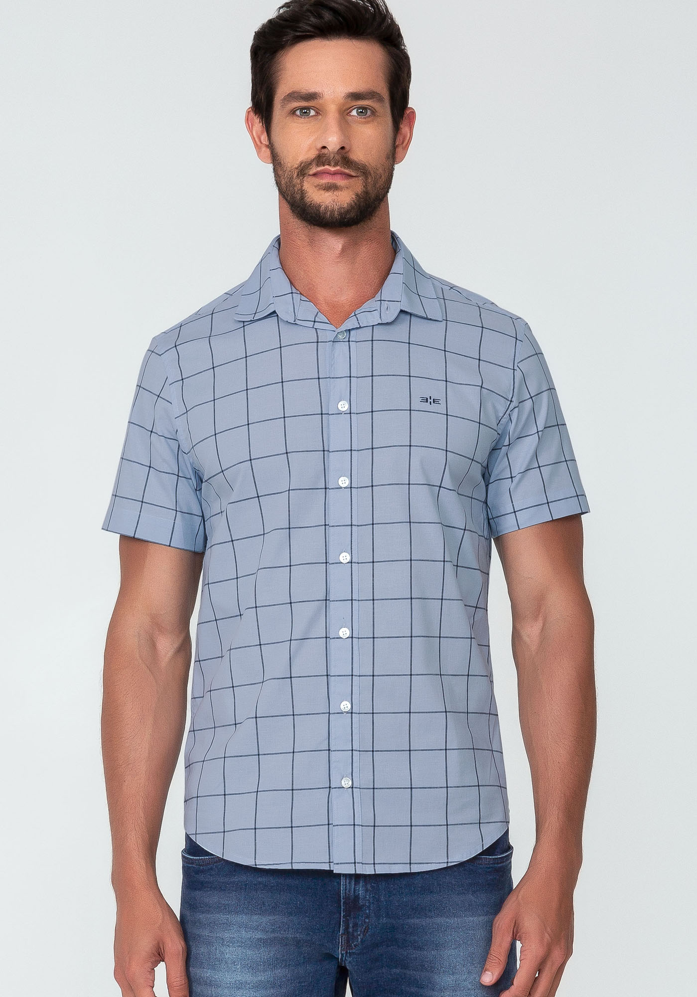 Camisa xadrez de algodão stretch com mangas curtas (Azul-marinho) - Homens